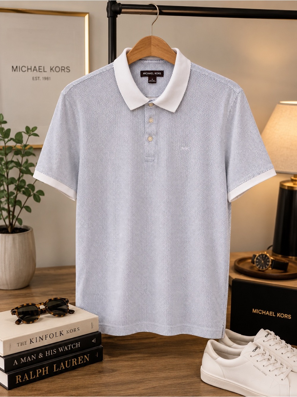 Michael Kors Menβs Cotton Polo Shirt White Blue Micro Print Size M
